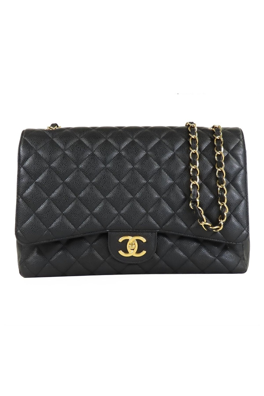 Chanel Double Flap Chain Black Gold Caviar Leather Shoulder Bag